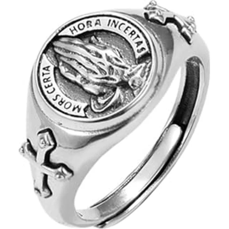 KONFEN Betende Hände Herren Ring, Verstellbarer Wikinger Ring aus hypoallergenem Material, Silber, Vintage Hip Pop Gothic Punk Design – Bild 1
