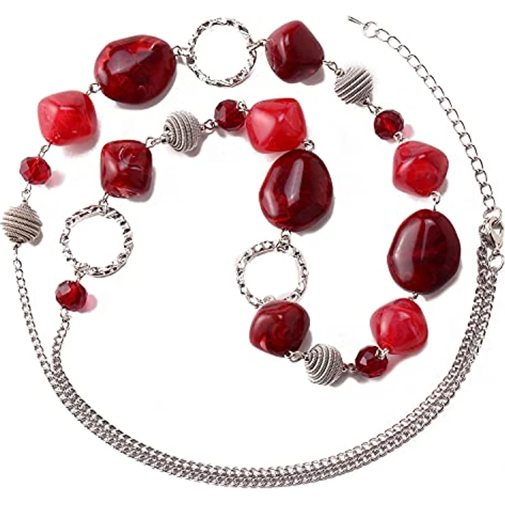 Bulinlin Silber Perplen Lange Halskette für Damen, Boho Statement Chain, 35+3 Zoll, Dunkel Hellrot, Modeschmuck Geburtstagsgeschenke – Bild 2