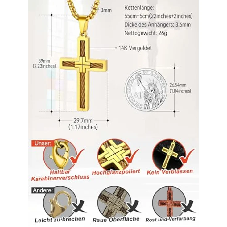 FaithHeart Kreuz Kette, Herren und Damen Edelstahl Venezianierkette mit Kreuz Anhänger, 55 cm lang in Gold, wasserdicht und hypoallergen – Bild 3