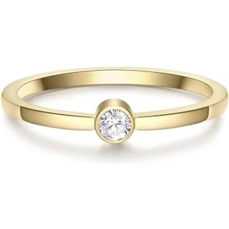 Eastside Damen Solitärring aus gelbvergoldetem Edelstahl, 14 Karat, mit weißem Zirkonia-Kristall, minimalistisch und bequem