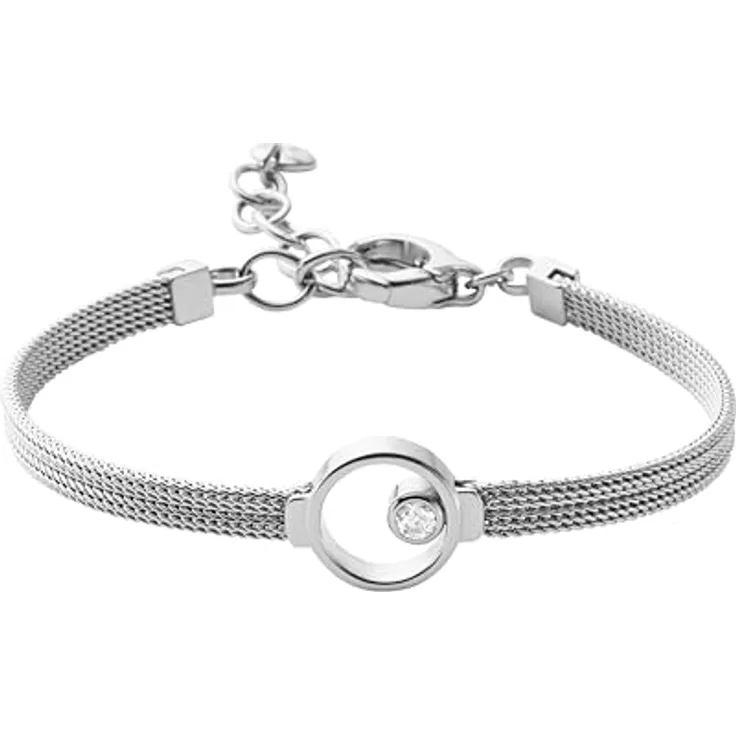 Skagen Damen Edelstahl Mesh Armband ELIN, 16,5 cm mit 4 cm Verlängerung und Karabinerverschluss, mit Kreiselement und Glasstein
