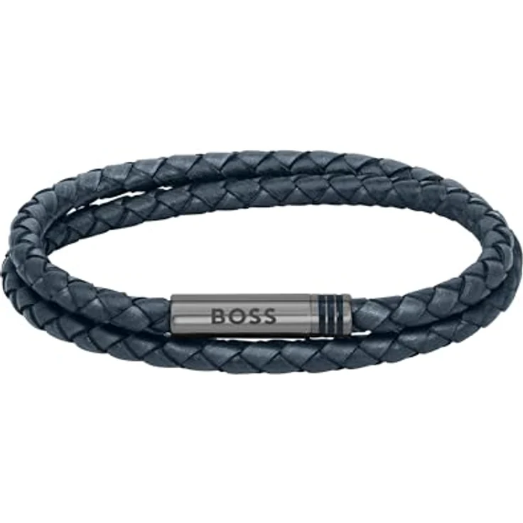 BOSS Jewelry ARES Herren Lederarmband, doppelt gewickelt, marinblau, Edelstahlverschluss mit grauer IP-Beschichtung, 19 cm – Bild 1