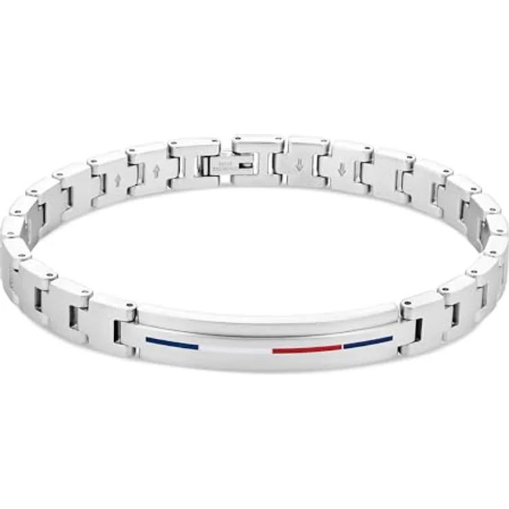Tommy Hilfiger Jewelry Herren Gliederarmband aus gebürstetem Edelstahl, verstellbar, mit emailliertem Logo, Innenumfang 18,5-20 cm