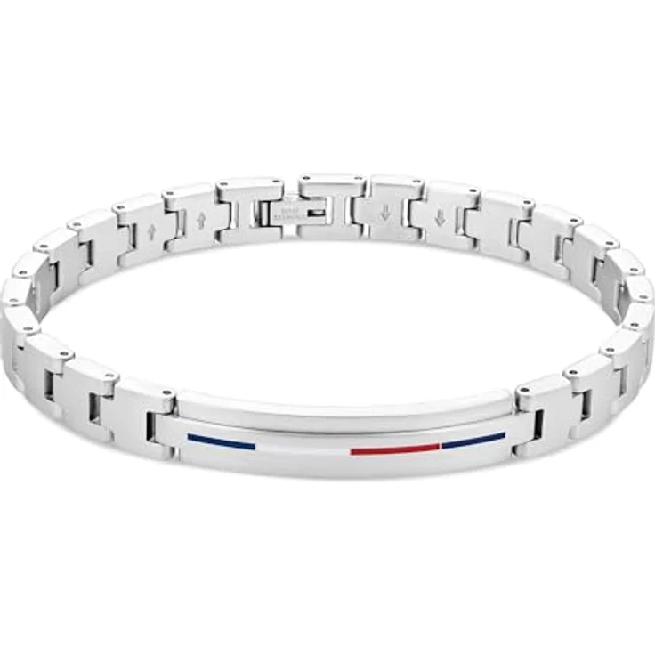 Tommy Hilfiger Jewelry Herren Gliederarmband aus gebürstetem Edelstahl, verstellbar, mit emailliertem Logo, Innenumfang 18,5-20 cm – Bild 1