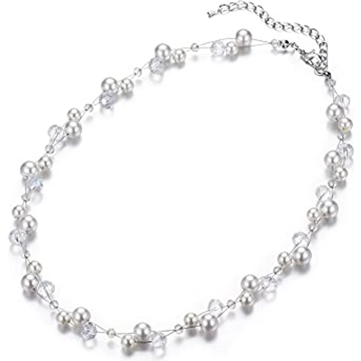 Bulinlin Damen Kristall Perlenkette, Silber Boho Statement Choker Halskette, 17-Zoll + 3-Zoll Verlängerung, weiß – Bild 2