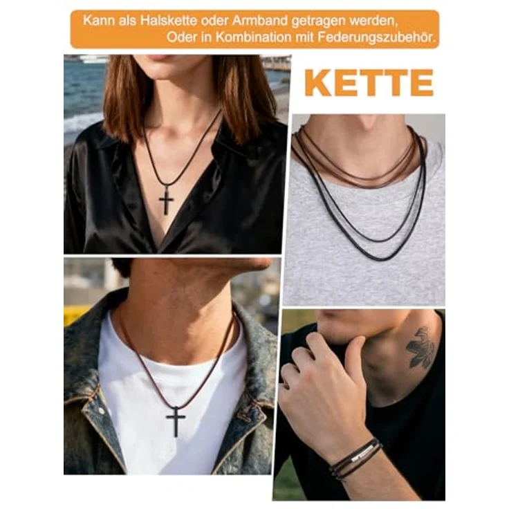 Richsteel Lederkette Herren Halskette, Schwarz/Braun, 2/3mm breit, mit 316L Edelstahlverschluss, Länge 40-76cm, ideal als Männergeschenk – Bild 2