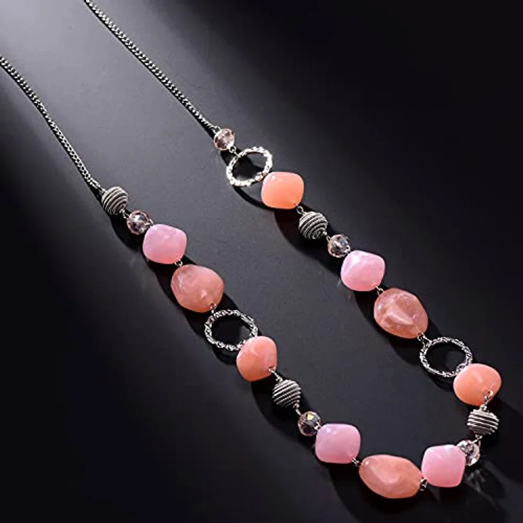 Bulinlin Silber Perplen Lang Kette für Damen, Boho Statement Chain Halskette, 35+3 inches, dunkel hellrosa, Modeschmuck zur Geschenkverpackung – Bild 4