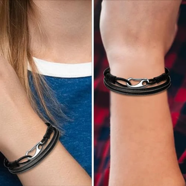 Viwind Geflochtenes Lederarmband Damen, Multilayer 21cm mit Edelstahlkarabiner, Schwarzes Rundseil, Geschenkbox – Bild 4