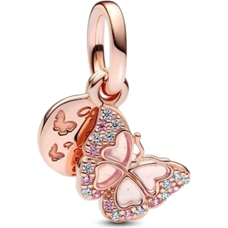 PANDORA Doppelter Charm-Anhänger Rosafarbener Schmetterling mit Gravur „One of a kind“, aus rosévergoldeter Metalllegierung mit Cubic Zirkonia, Pandora Moments Kollektion – Bild 3