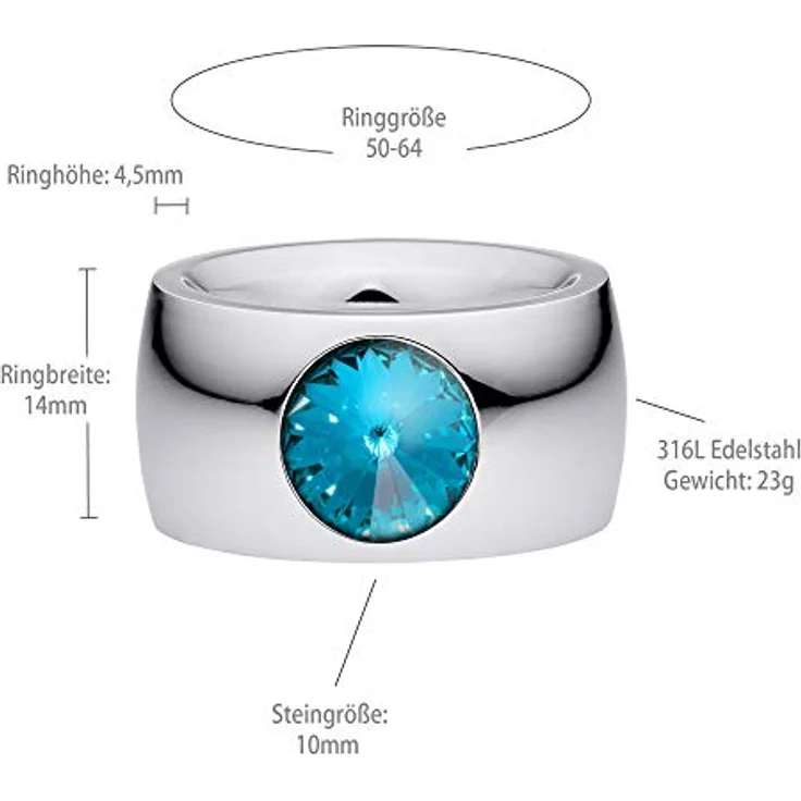 Heideman Damenring coma 14, polierter Edelstahlring mit Zirkonia und Aquamarin-Kristallen, Größe 64, Made in Germany – Bild 4