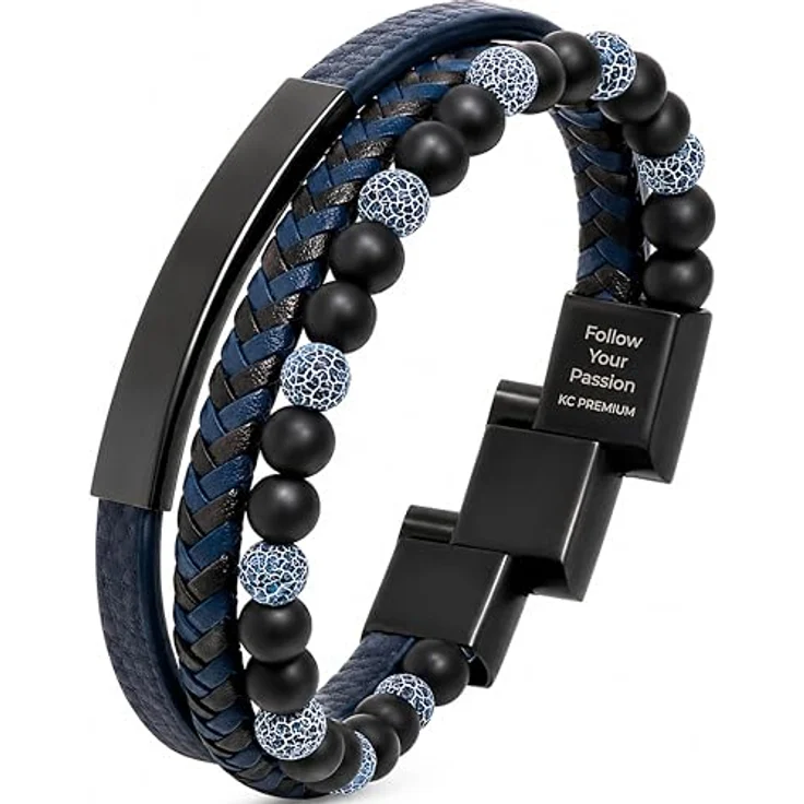 KC Premium Männer Lederarmband mit Agate Onyx Perlen, handgemacht, größenverstellbar, Magnetverschluss, inspirierende Gravur "Follow Your Passion", schwarz-blau, in Geschenk Schmuckbox – Bild 1