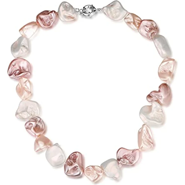 FULU AUTUMN Große Muschel Perlenkette Damen, Unregelmäßige Perlen Statement Choker Kette, 45 cm, Weiß-Rosa Boho Schmuck – Bild 1