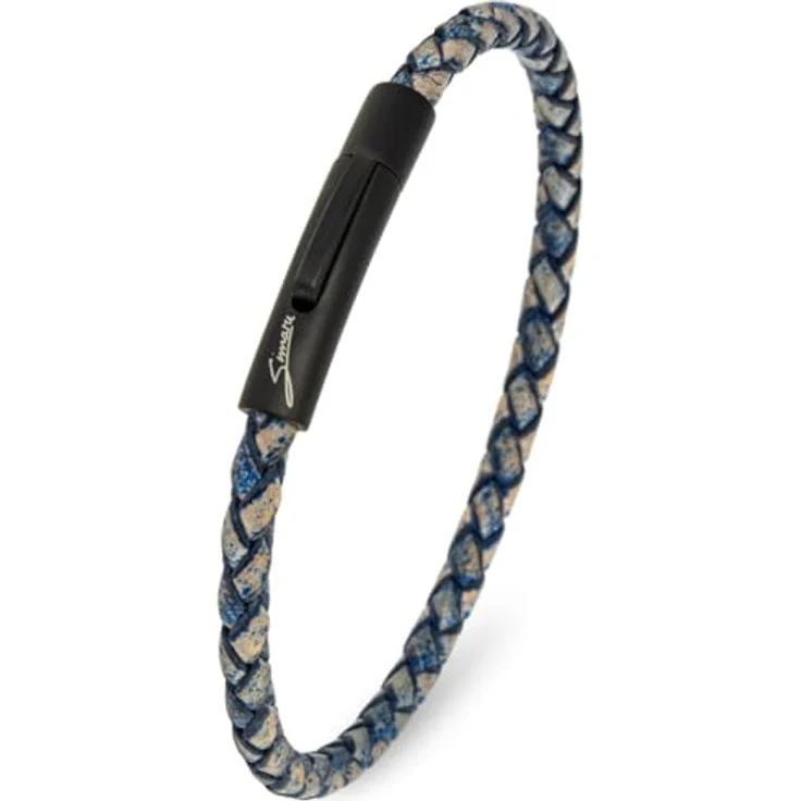 Simaru Lederarmband, 4mm geflochten aus Echtleder, mit Edelstahl Hakenverschluss, wasserfest, 22cm (XL), Blau, Unisex – Bild 1