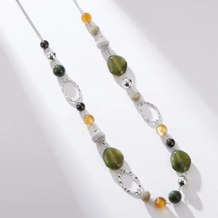 Bulinlin Silber Perplen Lange Kette für Damen, Boho Statement Chain Halskette, 35+3 Zoll, Army Green, Modeschmuck für Geburtstagsgeschenke – Bild 4