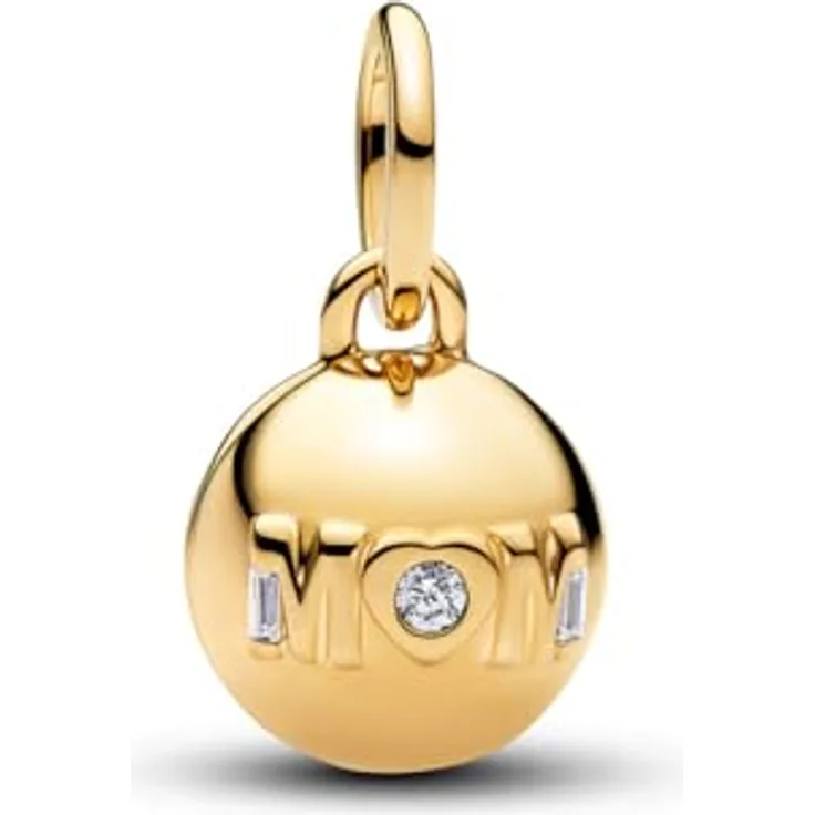 PANDORA Charm Mama Kugelanhänger zum Öffnen, 14 Karat vergoldet mit Gravur "Ich liebe dich" und Cubic Zirkonia, kompatibel mit Moments ME, 764457C01