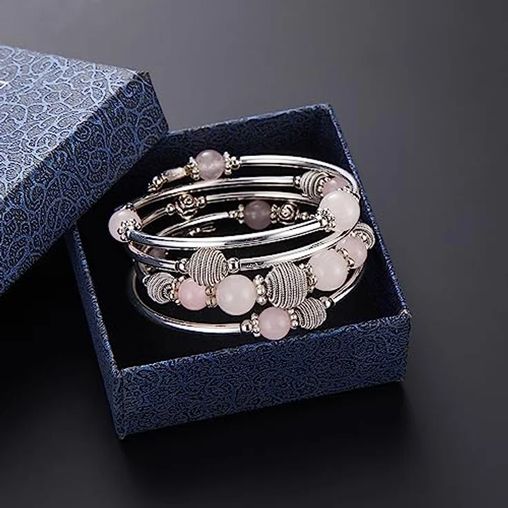 Bulinlin Silber Wickelarmband mit Naturstein Perlen, Boho Mehrschichtiges Damen Armband in Rosa Kristall, perfektes Geburtstags Modegeschenk – Bild 5