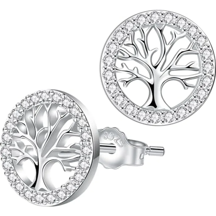 Micory Lebensbaum Ohrringe Ohrstecker Silber 925, 10mm mit 3A Zirkonia, hypoallergen, Damen
