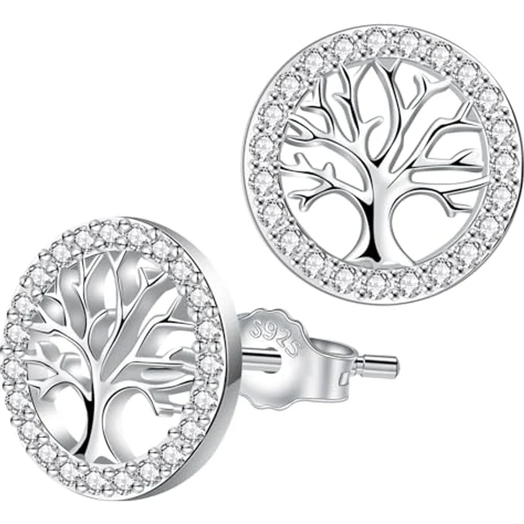 Micory Lebensbaum Ohrringe Ohrstecker Silber 925, 10mm mit 3A Zirkonia, hypoallergen, Damen – Bild 1