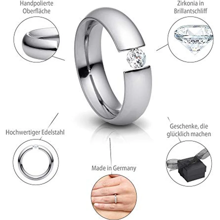 Heideman Damenring Intensio, Edelstahl silber farbend poliert mit Zirkonia Stein, Brillant Schliff 4mm, antiallergen – Bild 3