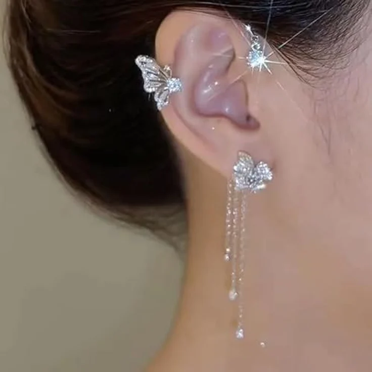 BSLVWG 2 Stück Schmetterling Ohr Manschetten, Silber mit Blumen Quaste und Zirkonen, kein Piercing für Frauen und Mädchen – Bild 3