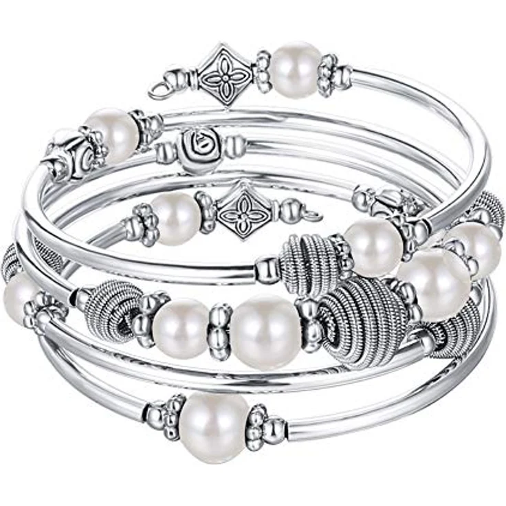 Bulinlin Silber Wickelarmband mit Naturstein Perlen, mehrschichtiges Boho Damenarmband in Weiß, ideales Geburtstagsmodegeschenk – Bild 1