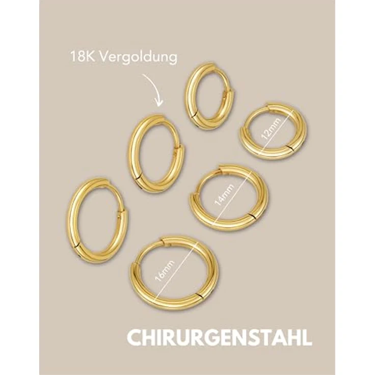 GD GOOD.designs Creolen Edelstahl Damen Gold, 3 Paar elegante Mini Kreolen (12 mm, 14 mm, 16 mm) aus 18K vergoldetem Chirurgenstahl - hautverträglich, wasserfest, perfekt zum Verschenken – Bild 5