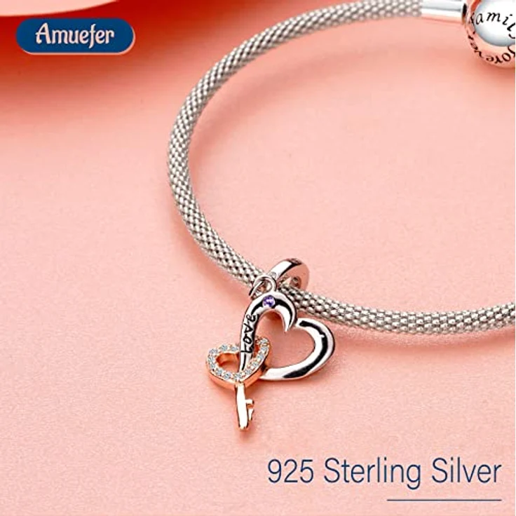Amuefer Gold Key Heart Charms, 925 Sterling Silber mit Platinbeschichtung und 5A Zirkonia, dangle Charm für Armbänder und Halsketten – Bild 2