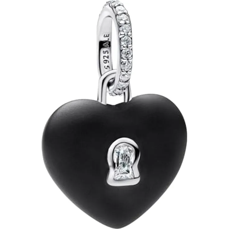 PANDORA Charm-Anhänger Mattschwarzes Keramik Herz-Schloss 794424C02, Zirkonia, Motiv Liebe