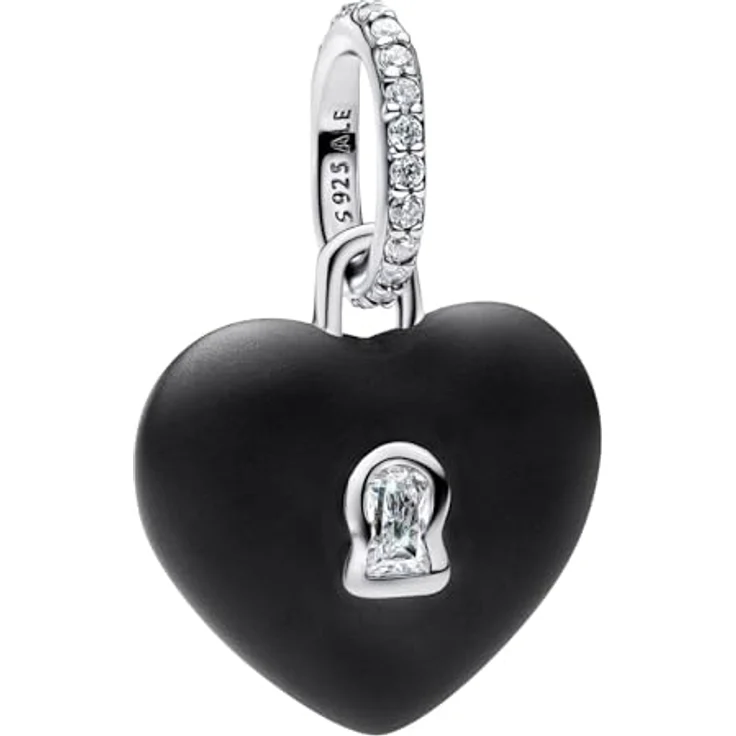 PANDORA Charm-Anhänger Mattschwarzes Keramik Herz-Schloss 794424C02, Zirkonia, Motiv Liebe