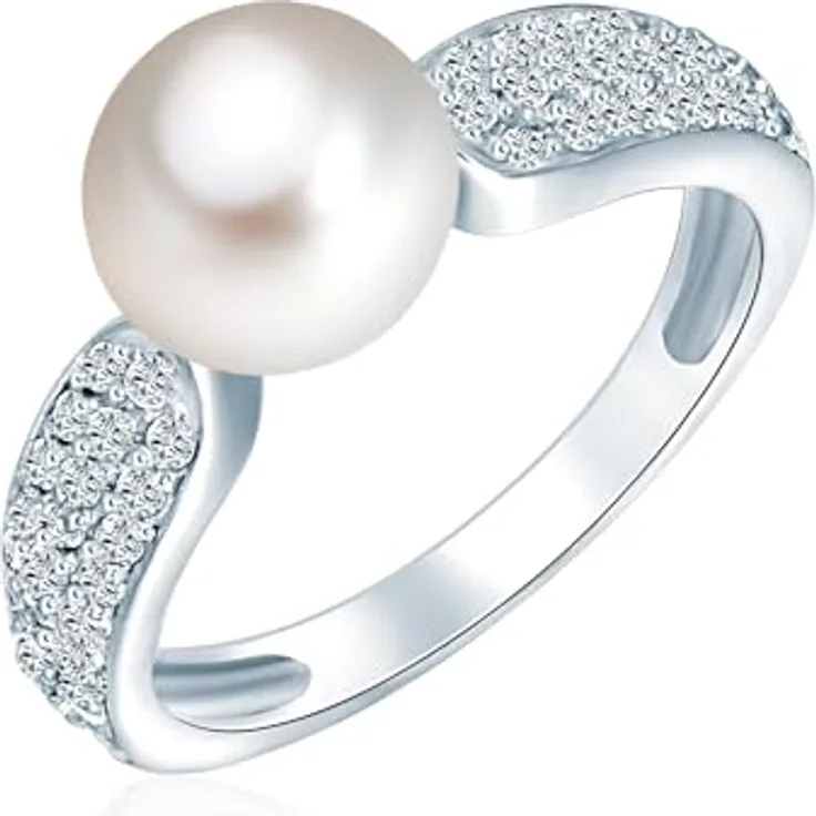 Valero Pearls Damen Perlenring aus 925/- Sterling Silber, Süßwasser-Zuchtperle 8-9 mm weiß, mit Zirkonia-Verzierungen, eleganter Bandring