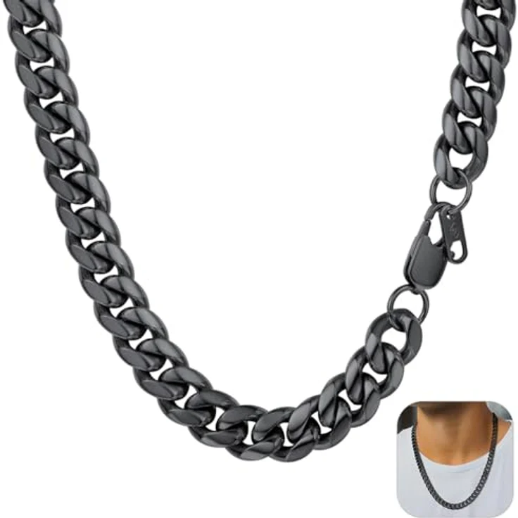 PROSTEEL Herren Hip-Hop Street Style Halskette 10mm Panzerkette 46 cm Schwarz, 316L Edelstahl mit Karabinerverschluss – Bild 1