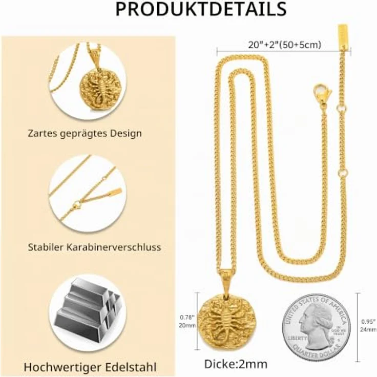 Speroto Herren Halskette mit Sternzeichen Anhänger Waage, Edelstahl, Gold, verstellbare Länge 50 cm + 5 cm – Bild 5