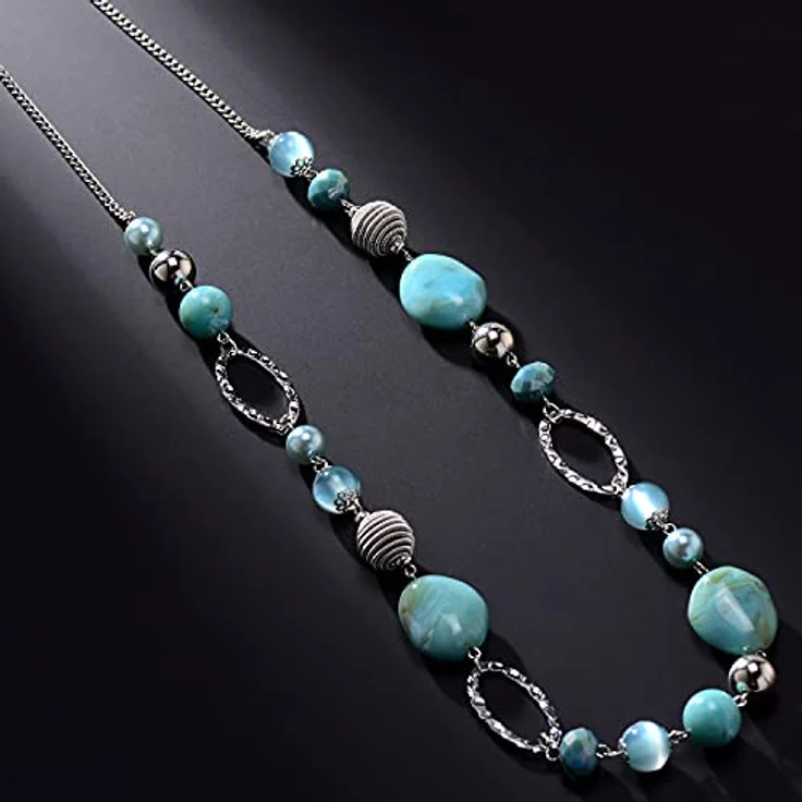 Bulinlin Silber Perplen Lange Kette für Damen, Boho Statement Chain Halskette mit Harz- und Metallperlen, Türkis, 35+3 inches – Bild 4