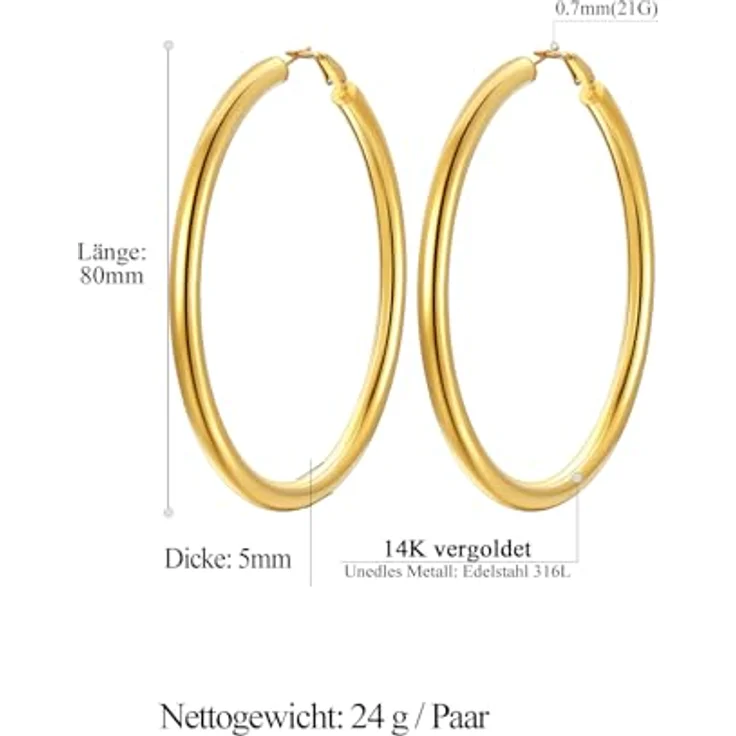 FindChic Creolen Gold 80mm, chunky Damenohrringe aus vergoldetem Edelstahl, Huggie Hoop Design, allergiefrei, für Helix Piercing, ideales Geschenk für Geburtstag und Weihnachten – Bild 4