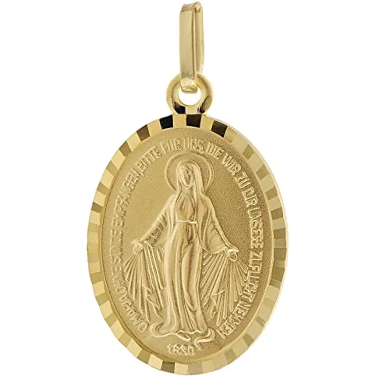 trendor Milagrosa Anhänger Gold 585 (14 Kt) Madonna Medaille, 16x12 mm, beidseitige Prägung, diamantierter Rand, Geschenkbox