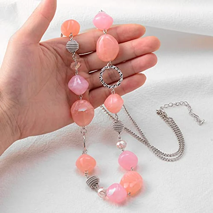 Bulinlin Silber Perplen Lang Kette für Damen, Boho Statement Chain Halskette, 35+3 inches, dunkel hellrosa, Modeschmuck zur Geschenkverpackung – Bild 3