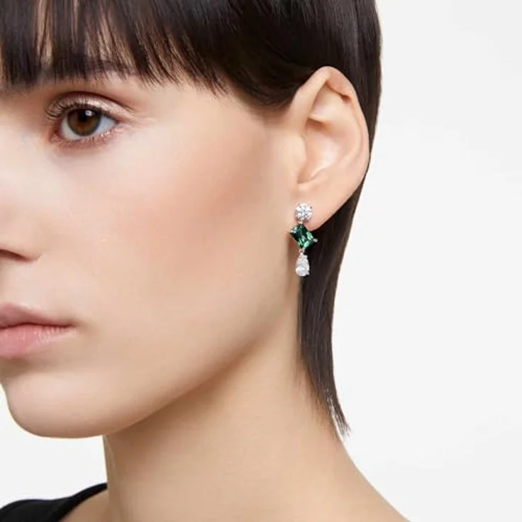 Swarovski Mesmera Drop-Ohrhänger, Grüne und Rhodinierte Hängeohrringe mit Swarovski Kristallen im Oktagon-Treppenschliff – Bild 5