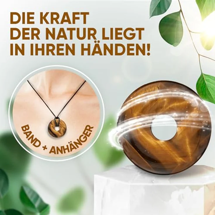 PURAJA Tigerauge Donut Anhänger aus echtem Edelstein, Heilstein Kette mit hochwertigem Kordband, vielseitig einsetzbar als Talisman und Glücksbringer – Bild 3