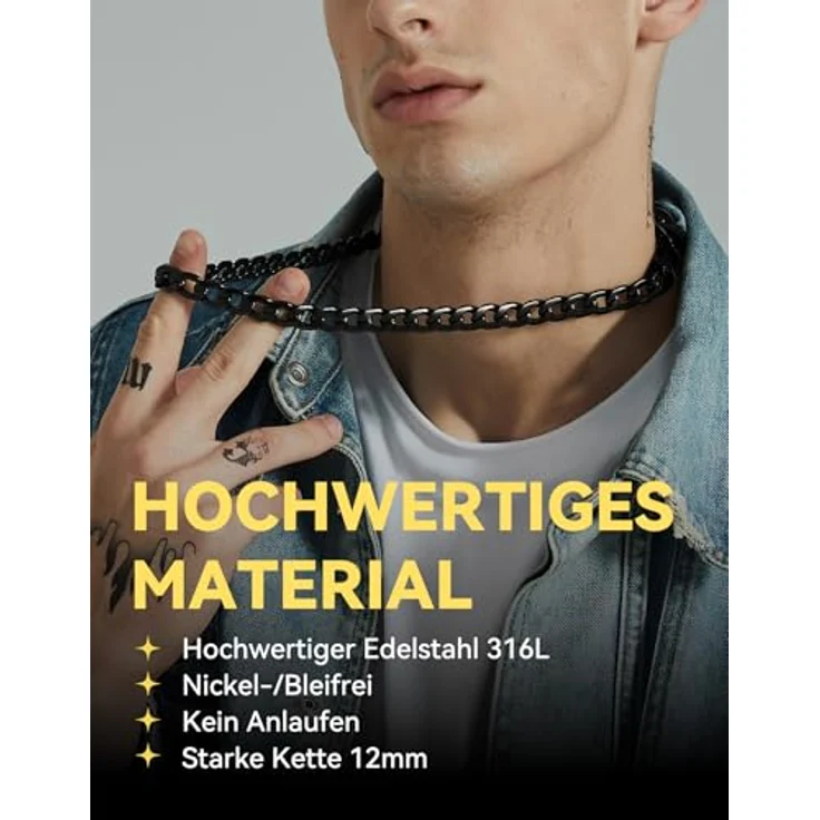 ChainsHouse Kubanische Halskette Herren, Edelstahl Halsschmuck 12mm Schwarz, 51cm Panzerkette ohne Anhänger – Bild 2
