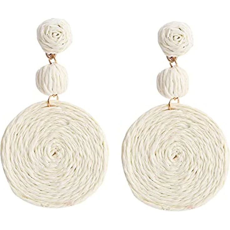 FDEETY Raffia Boho-Stil Ohrringe, handgefertigte geometrische Creolen in nicht-gerade Weiß, 100% natürliche Rattanfaser, ultraleicht und bequem, perfektes Geschenk für Frauen und Mädchen – Bild 1