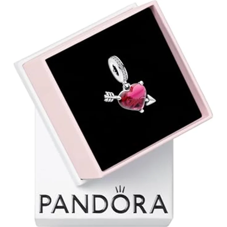 PANDORA Moments Rotes Herz & Pfeil Murano-Glas Charm-Anhänger, Sterling Silber mit Zirkonia, kompatibel mit Moments Armbändern, 793085C01 – Bild 1