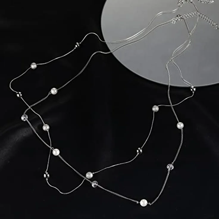 FULU AUTUMN Damen Statement Kette Lange Perlenkette Silber, zwei Strang Modeschmuck Halskette, anpassbare Längen, Geburtstagsgeschenk (16-White) – Bild 2
