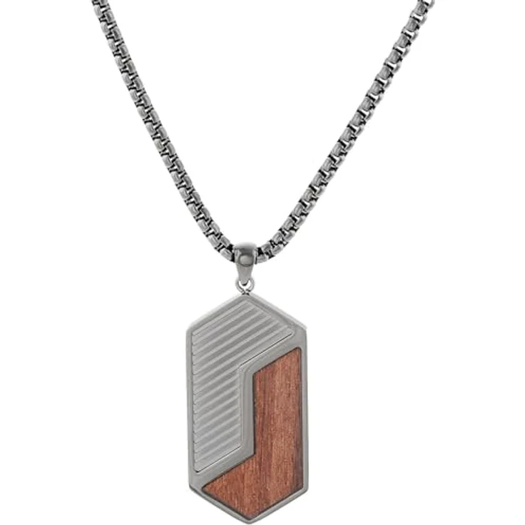 HOLZKERN Herren-Halskette Zigzag, Edelstahl mit Walnuss und dunkelgrauer Plattierung, Dog Tag Anhänger, 55 cm plus 5 cm Verlängerung – Bild 1