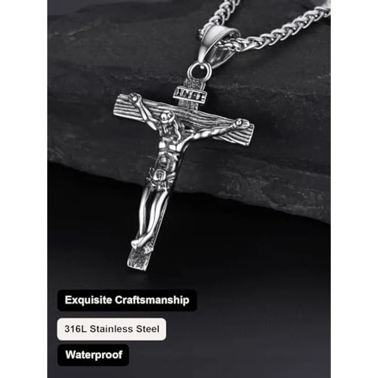 U7 Edelstahl Kreuz Halskette, INRI Kruzifix Jesus Christus Anhänger mit 50+5cm Weizenkette, Silber-Ton, antiallergen und verstellbar – Bild 4