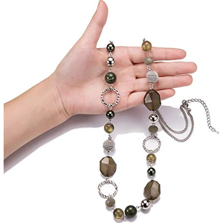 Bulinlin Lange Perlenkette mit Silberkette und Harzperlen, Boho-Stil, 35 Zoll + 3 Zoll Verlängerung, Army Green – Bild 2