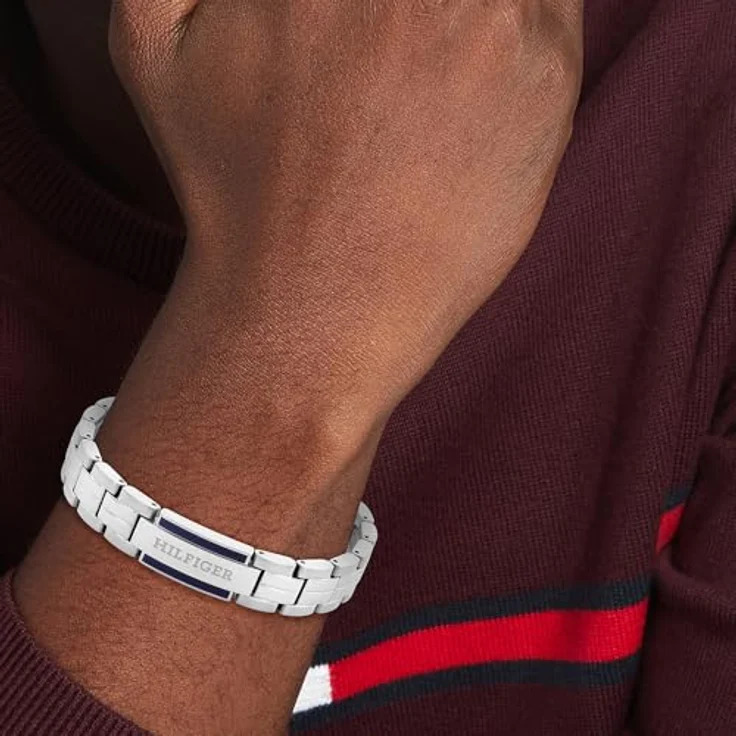 Tommy Hilfiger Jewelry Armband Edelstahl und Gelbgold, Herren-Armband mit Knebelverschluss und blauem Emaille-Detail, 190 mm – Bild 3