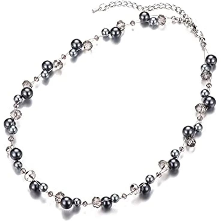 Bulinlin Damen Kristall Perlenkette Silber Boho Statement Choker Halskette, 17-Zoll plus 3-Zoll Verlängerung, grau – Bild 2