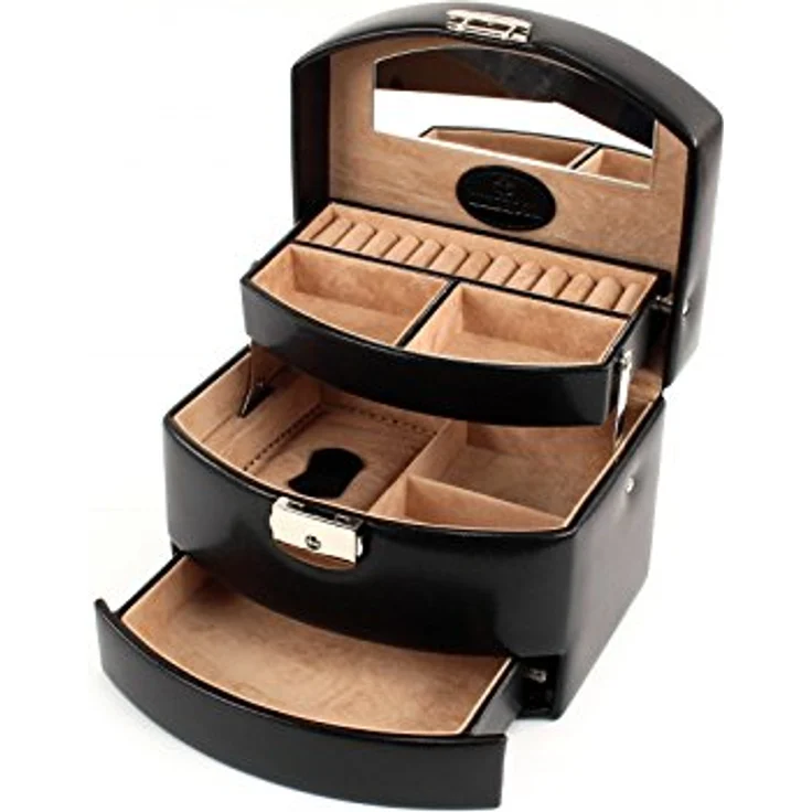 Windrose Automatik-Schmuckkoffer Merino, luxuriöse Lederoptik in schwarz, handgefertigt, klassische Eleganz mit sicherer Aufbewahrung – Bild 1