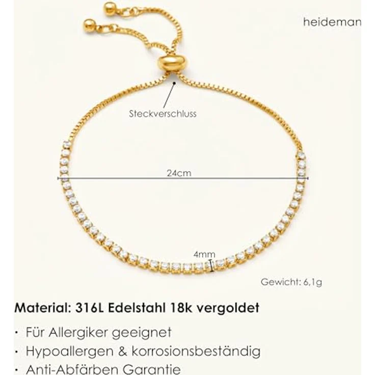 Heideman Armband Ardeo Damen, hochwertiges goldfarbenes Edelstahl-Armband mit weißen Zirkonia-Steinen, individuell verstellbar mit Verlängerungskettchen, eleganter Armschmuck für besondere Anlässe – Bild 5