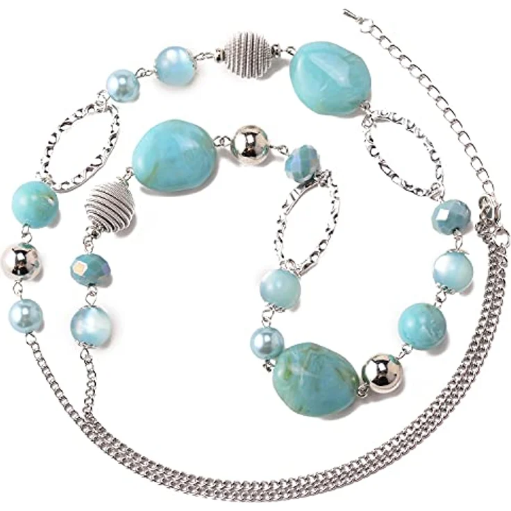 Bulinlin Silber Perplen Lange Kette für Damen, Boho Statement Chain Halskette mit Harz- und Metallperlen, Türkis, 35+3 inches – Bild 2